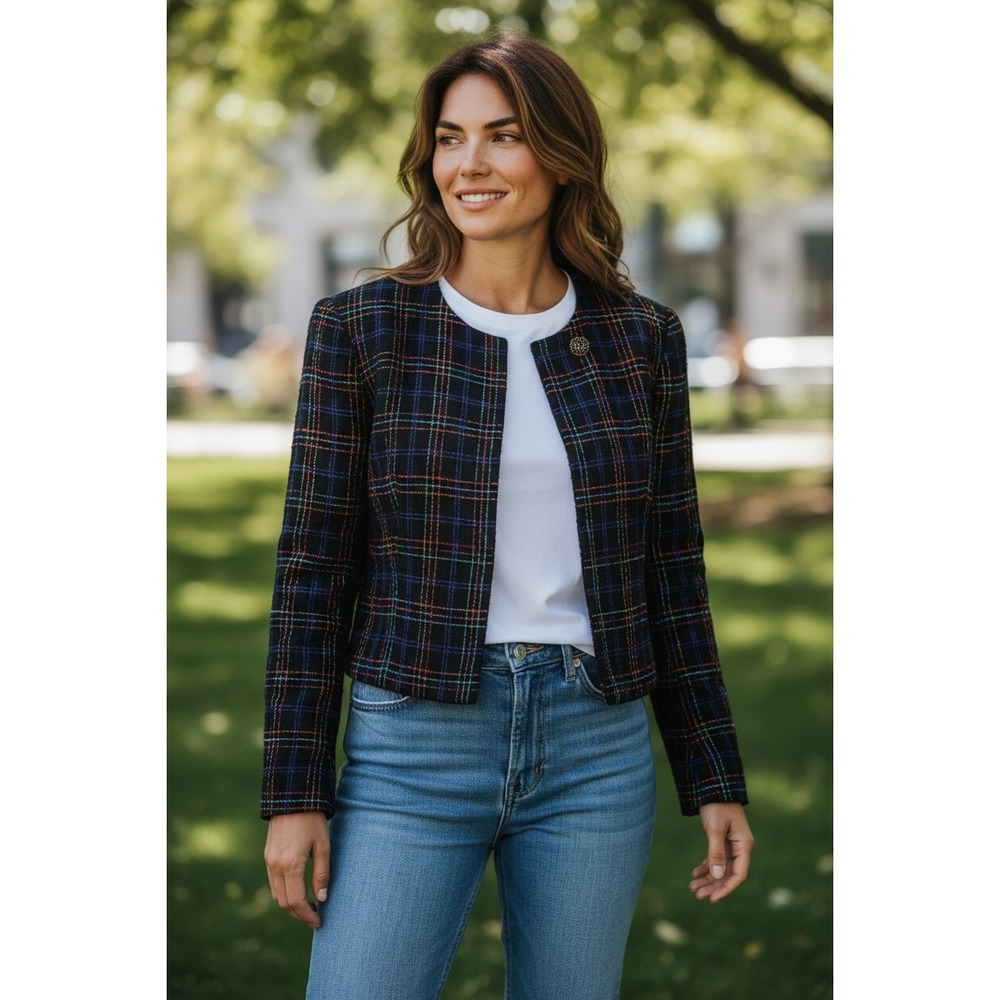 Pendleton Blazer Jacket Womens Black Rainbow Plaid Wool Blend Cropped Size 10